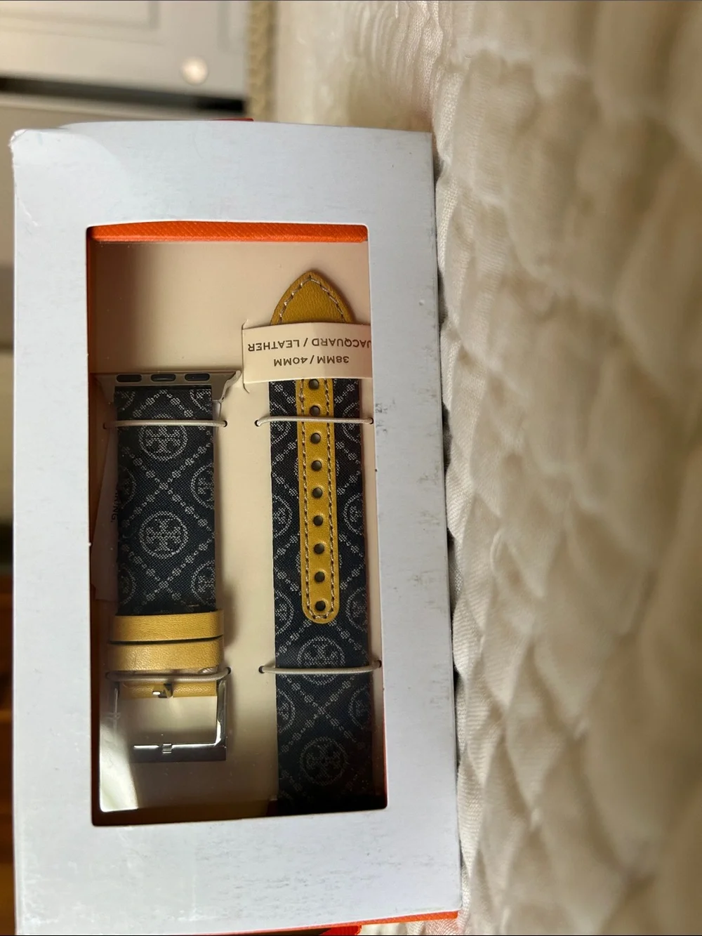 NEW!!  Tory Burch Leather-Trimmed Patterned Watch Strap in Yellow and Black